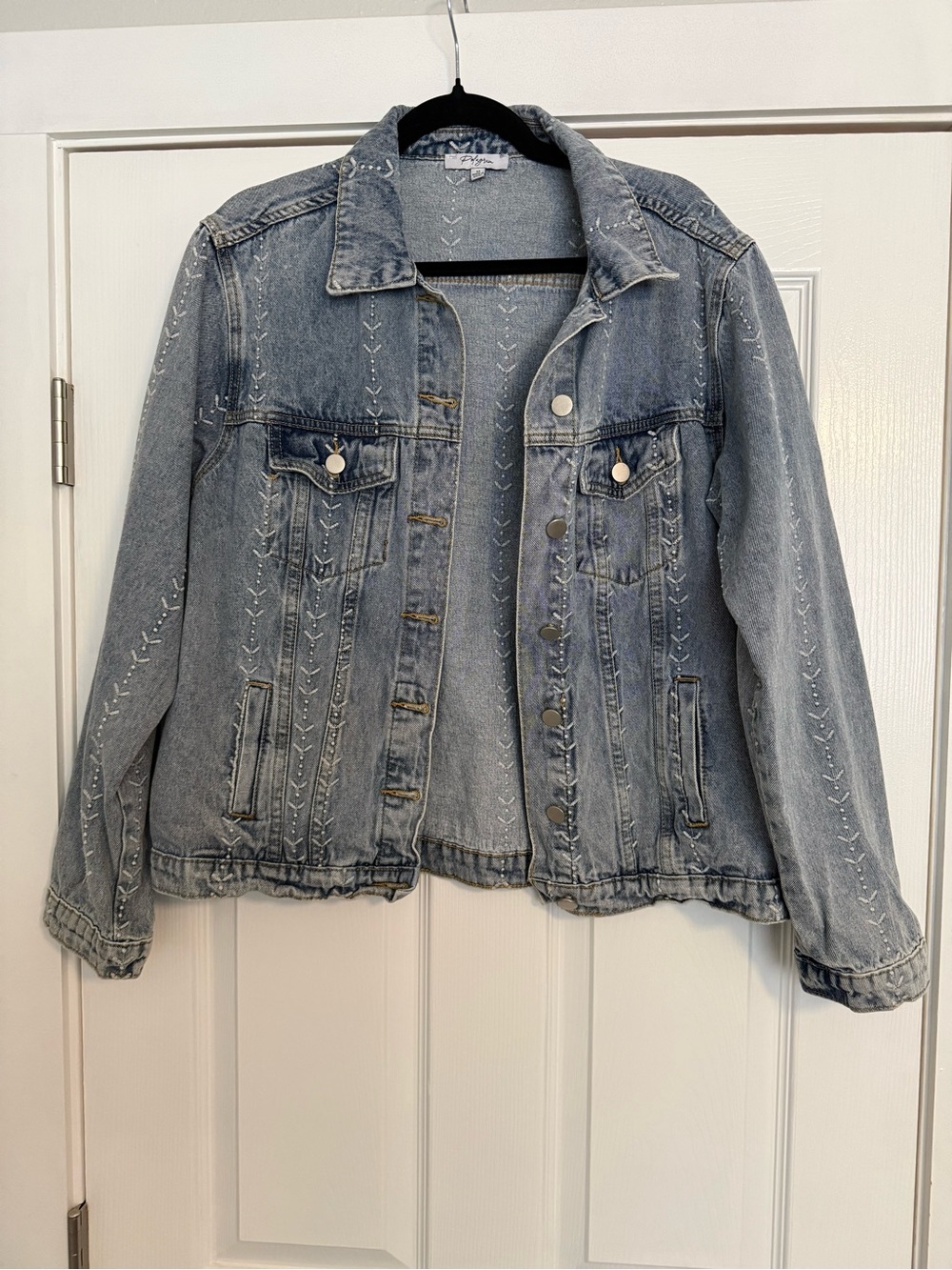 Light Wash Denim Jacket with Subtle Embroidery - Women's